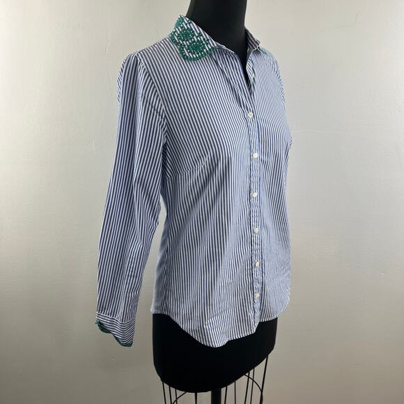 J.Crew Perfect Eyelet Trim Stripe Shirt Blue White Embroidered Button Down Sz 2 - Picture 6 of 10